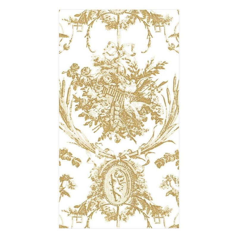 Caspari Romantic Toile Paper Linen Guest Towel Napkins in Gold, 12 Per Package